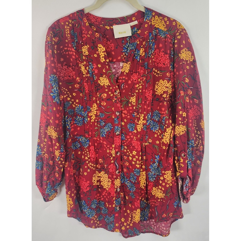 Maeve Anthropologie Floral Pintuck Top Women's S Red Button Front Boho Chic
